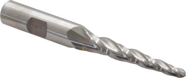 Made in USA - 3° Taper Angle per Side, 3/16" Small End Diam, 2" LOC, High Speed Steel 3 Flute Tapered Ball End Mill - 4-1/8" OAL, 1/2" Shank Diam - Eagle Tool & Supply