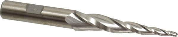 Made in USA - 5° Taper Angle per Side, 1/8" Small End Diam, 2-1/2" LOC, High Speed Steel 3 Flute Tapered Ball End Mill - 4-1/2" OAL, 1/2" Shank Diam, Spiral Flute - Eagle Tool & Supply