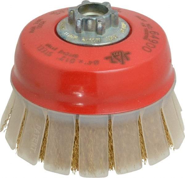 JAZ USA - 4" Diam, 5/8-11 & M14x2.00 Threaded Arbor, Steel Fill Cup Brush - 0.012 Wire Diam, 1-3/16" Trim Length, 8,500 Max RPM - Eagle Tool & Supply