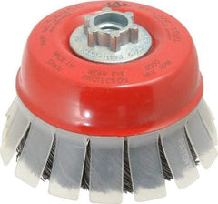 JAZ USA - 4" Diam, 5/8-11 & M14x2.00 Threaded Arbor, Steel Fill Cup Brush - 0.02 Wire Diam, 1-1/8" Trim Length, 8,500 Max RPM - Eagle Tool & Supply