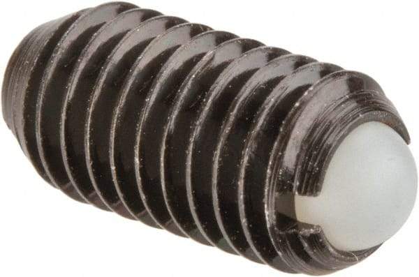 Vlier - M8x1.25, 5mm Ball Diam, 16mm Body Length, 1.5mm Max Ball Reach, Threaded Ball Plunger - Steel Body, Nylon Ball, 3.37 Lb Initial End Force, 6.75 Lb Final End Force, Locking Element - Eagle Tool & Supply