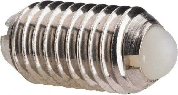 Vlier - M10x1.5, 6mm Ball Diam, 19mm Body Length, 2.01mm Max Ball Reach, Threaded Ball Plunger - Stainless Steel Body, Nylon Ball, 13.49 Lb Initial End Force, 20.23 Lb Final End Force, Locking Element - Eagle Tool & Supply