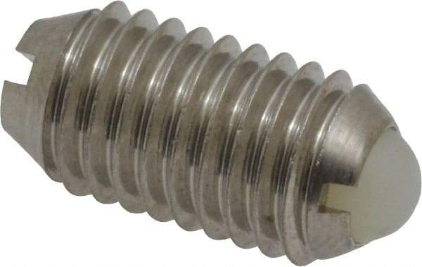 Vlier - M10x1.5, 6mm Ball Diam, 19mm Body Length, 2.01mm Max Ball Reach, Threaded Ball Plunger - Stainless Steel Body, Nylon Ball, 4.5 Lb Initial End Force, 7.87 Lb Final End Force, Locking Element - Eagle Tool & Supply