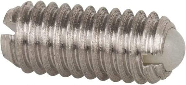 Vlier - M4x0.7, 2.5mm Ball Diam, 9mm Body Length, 0.81mm Max Ball Reach, Threaded Ball Plunger - Stainless Steel Body, Nylon Ball, 0.9 Lb Initial End Force, 2.25 Lb Final End Force - Eagle Tool & Supply