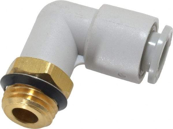 SMC PNEUMATICS - 8mm OD, 1/4 Universal, Brass/Polybutylene Push-to-Connect Male Elbow - 145 Max psi, White - Eagle Tool & Supply