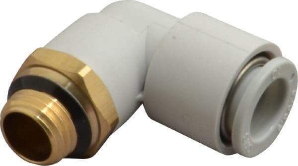 SMC PNEUMATICS - 10mm OD, 1/4 Universal, Brass/Polybutylene Push-to-Connect Male Elbow - 145 Max psi, White - Eagle Tool & Supply