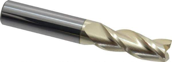Accupro - 3/8", 1" LOC, 3/8" Shank Diam, 2-1/2" OAL, 3 Flute, Solid Carbide Square End Mill - Single End, ZrN Finish, Spiral Flute, Variable° Helix, Centercutting, Right Hand Cut, Right Hand Flute - Eagle Tool & Supply
