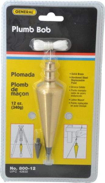 General - 5 Inch Long, 1-3/8 Inch Diameter Brass Plumb Bob - 12 Ounce, Has Replacable Tip - Eagle Tool & Supply