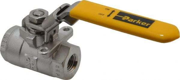 Parker - 1/4" Pipe, Full Port, Stainless Steel Standard Ball Valve - 2 Piece, Inline - One Way Flow, FNPT x FNPT Ends, Padlock Handle, 2,000 WOG, 150 WSP - Eagle Tool & Supply