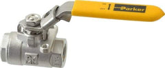 Parker - 3/8" Pipe, Full Port, Stainless Steel Standard Ball Valve - 2 Piece, Inline - One Way Flow, FNPT x FNPT Ends, Padlock Handle, 2,000 WOG, 150 WSP - Eagle Tool & Supply