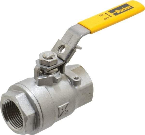 Parker - 1" Pipe, Full Port, Stainless Steel Standard Ball Valve - 2 Piece, Inline - One Way Flow, FNPT x FNPT Ends, Padlock Handle, 2,000 WOG, 150 WSP - Eagle Tool & Supply