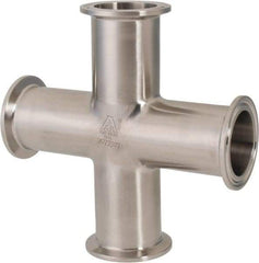 VNE - 1-1/2", Clamp Style, Sanitary Stainless Steel Pipe Cross - Tube OD Connection, Grade 304 - Eagle Tool & Supply