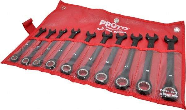 Proto - 10 Piece, 10mm to 19mm, 12 Point Combination Wrench Set - Metric Measurement Standard, Black/Chrome Finish, Comes in Pouch - Eagle Tool & Supply