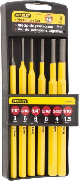 Stanley - 6 Piece, 1/16 to 5/16", Pin Punch Set - Hex Shank, Comes in Plastic Case - Eagle Tool & Supply