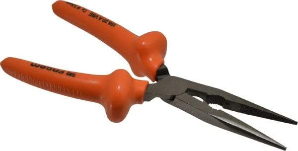 Facom - 8-9/32" OAL, 2-23/32" Jaw Length x 1-3/8" Jaw Width, Long Nose Side Cutting Burnished Insulated Pliers - Serrated Jaw, Half Round Nose Head, Plastic Coated Handles - Eagle Tool & Supply