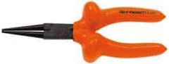 Facom - 6-7/8" OAL, 1-25/32" Jaw Length x 1-5/16" Jaw Width, Long Nose Side Cutting Insulated Pliers - Serrated Jaw, Round Thin Nose Head, Cushion Grip Handles - Eagle Tool & Supply