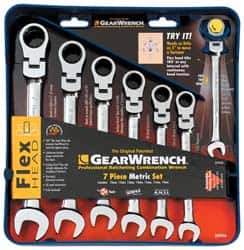 GearWrench - 7 Piece, 10mm to 19mm, Ratcheting Combination Wrench Set - Metric Measurement Standard, Chrome Finish, Comes in Tray - Eagle Tool & Supply