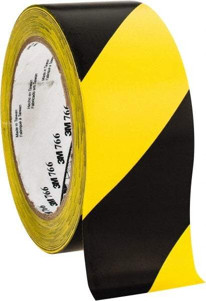 3M - Black & Yellow Striped Vinyl Tape - 2" Wide x 108' Long x 0.005" Thick, General Traffic - Eagle Tool & Supply