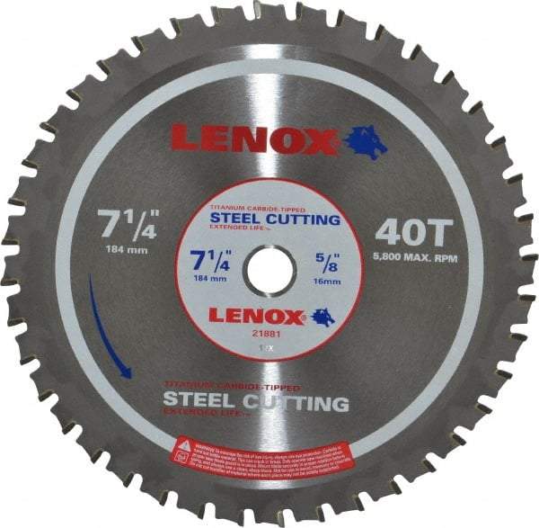 Lenox - 7-1/4" Diam, 5/8" Arbor Hole Diam, 40 Tooth Wet & Dry Cut Saw Blade - Titanium Carbide-Tipped, General Purpose Action, Standard Round Arbor - Eagle Tool & Supply