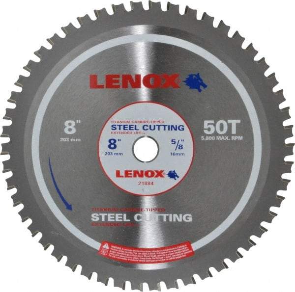 Lenox - 8" Diam, 5/8" Arbor Hole Diam, 50 Tooth Wet & Dry Cut Saw Blade - Titanium Carbide-Tipped, General Purpose Action, Standard Round Arbor - Eagle Tool & Supply