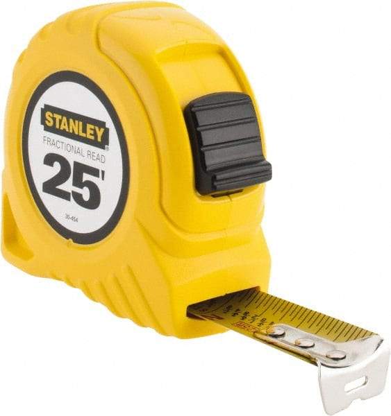 Stanley - 25' x 1" Yellow Blade Tape Measure - 1/16 & 1/8" Graduation, Inch Graduation Style, Yellow Case - Eagle Tool & Supply