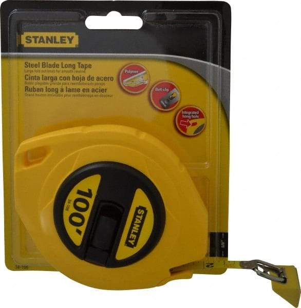 Stanley - 100' x 3/8" Yellow Blade Tape Measure - 1/8" Graduation, Inch Graduation Style, Yellow Case - Eagle Tool & Supply