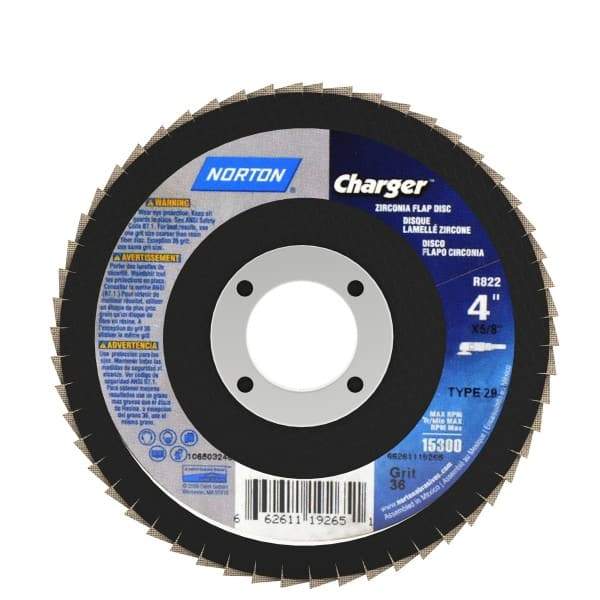 Norton - 36 Grit, 4" Disc Diam, 5/8" Center Hole, Type 29 Zirconia Alumina Flap Disc - 15,000 Max RPM, Fiberglass Backing, Arbor Attaching System, Coated - Eagle Tool & Supply
