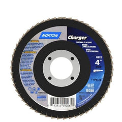 Norton - 36 Grit, 4" Disc Diam, 5/8" Center Hole, Type 29 Zirconia Alumina Flap Disc - 15,000 Max RPM, Fiberglass Backing, Arbor Attaching System, Coated - Eagle Tool & Supply