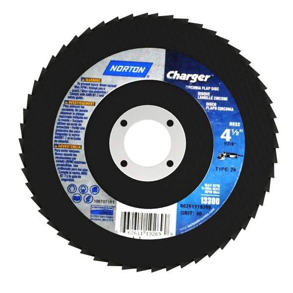 Norton - 40 Grit, 4-1/2" Disc Diam, 7/8" Center Hole, Type 29 Zirconia Alumina Flap Disc - 13,000 Max RPM, Fiberglass Backing, Arbor Attaching System, Coated - Eagle Tool & Supply