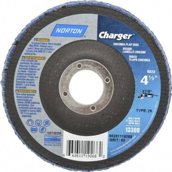 Norton - 60 Grit, 4-1/2" Disc Diam, 7/8" Center Hole, Type 29 Zirconia Alumina Flap Disc - 13,000 Max RPM, Fiberglass Backing, Arbor Attaching System, Coated - Eagle Tool & Supply