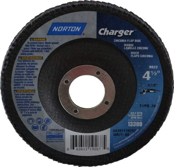 Norton - 80 Grit, 4-1/2" Disc Diam, 7/8" Center Hole, Type 29 Zirconia Alumina Flap Disc - 13,000 Max RPM, Fiberglass Backing, Arbor Attaching System, Coated - Eagle Tool & Supply
