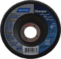Norton - 80 Grit, 4-1/2" Disc Diam, 7/8" Center Hole, Type 29 Zirconia Alumina Flap Disc - 13,000 Max RPM, Fiberglass Backing, Arbor Attaching System, Coated - Eagle Tool & Supply