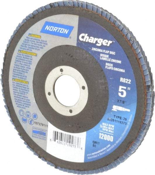 Norton - 80 Grit, 5" Disc Diam, 7/8" Center Hole, Type 29 Zirconia Alumina Flap Disc - 13,000 Max RPM, Fiberglass Backing, Coated - Eagle Tool & Supply