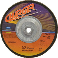 Norton - 40 Grit, 7" Disc Diam, 5/8-11 Center Hole, Type 29 Zirconia Alumina Flap Disc - 8,600 Max RPM, Fiberglass Backing, Coated - Eagle Tool & Supply