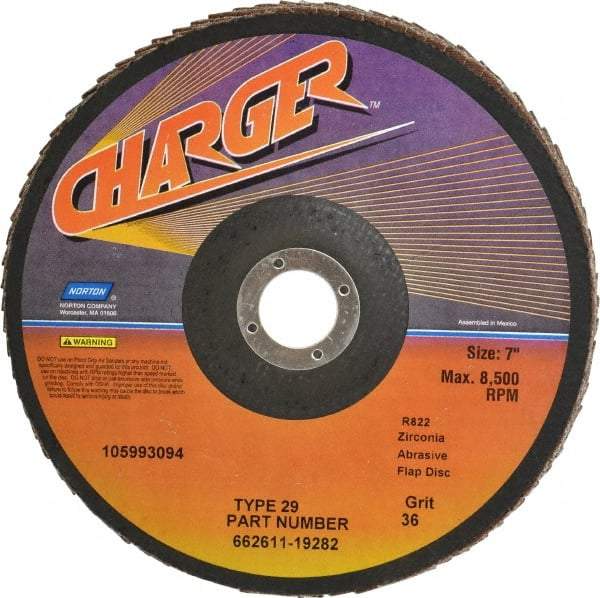 Norton - 36 Grit, 7" Disc Diam, 7/8" Center Hole, Type 29 Zirconia Alumina Flap Disc - 8,600 Max RPM, Fiberglass Backing, Coated - Eagle Tool & Supply