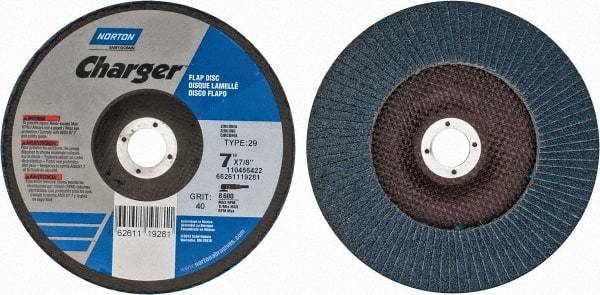 Norton - 40 Grit, 7" Disc Diam, 7/8" Center Hole, Type 29 Zirconia Alumina Flap Disc - 8,600 Max RPM, Fiberglass Backing, Arbor Attaching System, Coated - Eagle Tool & Supply
