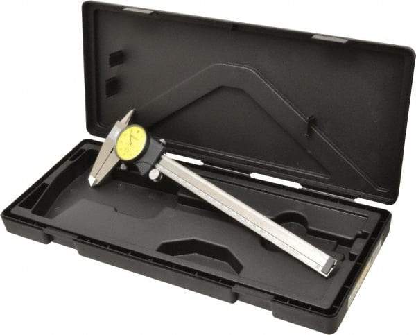 Mitutoyo - 0mm to 200mm Range, 0.01 mm Graduation, 1mm per Revolution, Dial Caliper - Yellow Face, 50mm Jaw Length, Accurate to 0.03mm - Eagle Tool & Supply