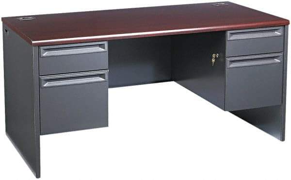 Hon - Woodgrain Laminate/Metal Double Pedestal Desk - 60" Wide x 30" Deep x 29" High, Mahogany/Charcoal - Eagle Tool & Supply