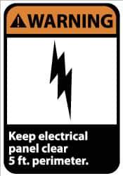 NMC - "Warning - Keep Electrical Panel Clear 5 Ft. Perimeter", 14" Long x 10" Wide, Pressure-Sensitive Vinyl Safety Sign - Rectangle, 0.004" Thick, Use for Accident Prevention - Eagle Tool & Supply