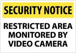 NMC - "Security Notice - Restricted Area Monitored by Video Camera", 14" Long x 20" Wide, Aluminum Safety Sign - Rectangle, 0.04" Thick, Use for Security & Admittance - Eagle Tool & Supply