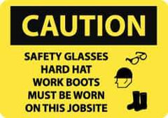 NMC - "Caution - Safety Glasses Hard Hat Work Boots Must Be Worn On This Jobsite", 20" Long x 28" Wide, Rigid Plastic Safety Sign - Rectangle, 0.05" Thick, Use for Accident Prevention - Eagle Tool & Supply