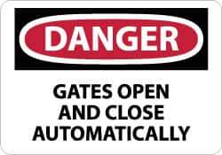 NMC - "Danger - Gates Open and Close Automatically", 10" Long x 14" Wide, Pressure-Sensitive Vinyl Safety Sign - Rectangle, 0.004" Thick, Use for Accident Prevention - Eagle Tool & Supply
