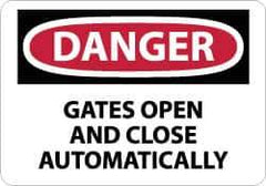 NMC - "Danger - Gates Open and Close Automatically", 10" Long x 14" Wide, Pressure-Sensitive Vinyl Safety Sign - Rectangle, 0.004" Thick, Use for Accident Prevention - Eagle Tool & Supply