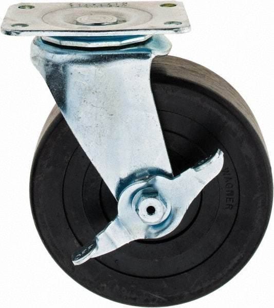 E.R. Wagner - 5" Diam x 2" Wide x 6" OAH Top Plate Mount Swivel Caster with Brake - Hard Rubber, 450 Lb Capacity, 2-3/4 x 3-3/4" Plate - Eagle Tool & Supply