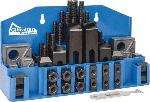 Gibraltar - 52 Piece Fixturing Step Block & Clamp Set with 1" Step Block, 5/8" T-Slot, 1/2-13 Stud Thread - 1" Nut Width, 3, 4, 5, 6, 7 & 8" Stud Lengths - Eagle Tool & Supply