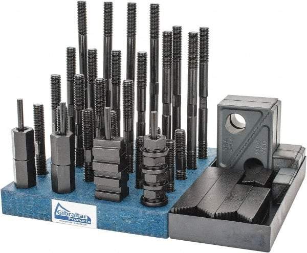 Gibraltar - 50 Piece Fixturing Step Block & Clamp Set with 1" Step Block, 5/8" T-Slot, 1/2-13 Stud Thread - 1" Nut Width, 3, 4, 5, 6, 7 & 8" Stud Lengths - Eagle Tool & Supply