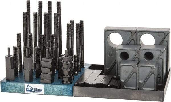 Gibraltar - 50 Piece Fixturing Step Block & Clamp Set with 1-1/2" Step Block, 5/8" T-Slot, 1/2-13 Stud Thread - 1" Nut Width, 3, 4, 5, 6, 7 & 8" Stud Lengths - Eagle Tool & Supply