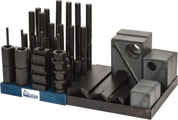 Gibraltar - 50 Piece Fixturing Step Block & Clamp Set with 1-1/2" Step Block, 13/16" T-Slot, 3/4-10 Stud Thread - 1-1/4" Nut Width, 3, 4, 5, 6, 7 & 8" Stud Lengths - Eagle Tool & Supply