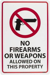 NMC - "No Firearms or Weapons Allowed On This Property", 18" Long x 12" Wide, Rigid Plastic Safety Sign - Rectangle, 0.05" Thick, Use for Security & Admittance - Eagle Tool & Supply