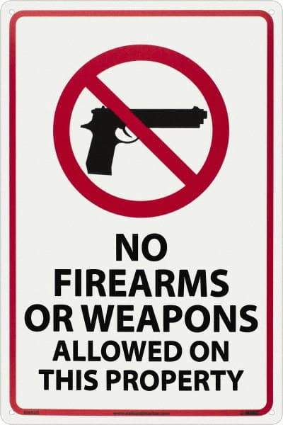 NMC - "No Firearms or Weapons Allowed On This Property", 18" Long x 12" Wide, Aluminum Safety Sign - Rectangle, 0.04" Thick, Use for Security & Admittance - Eagle Tool & Supply